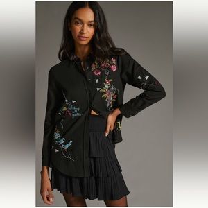 Anthropologie Pilcro Embroidered Western Buttondown Black sz M Floral Birds Cat